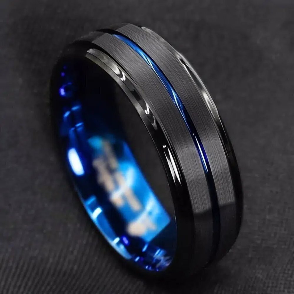 Tungsten Steel matte black polished double beveled blue channel wedding ring